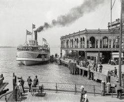 Detroit circa 1905. "Steamer Sappho at Belle Isle Ferry dock, Woodward Avenue." 8x10 inch dry plate glass negative by Lycurgus S. Glover. View full size.