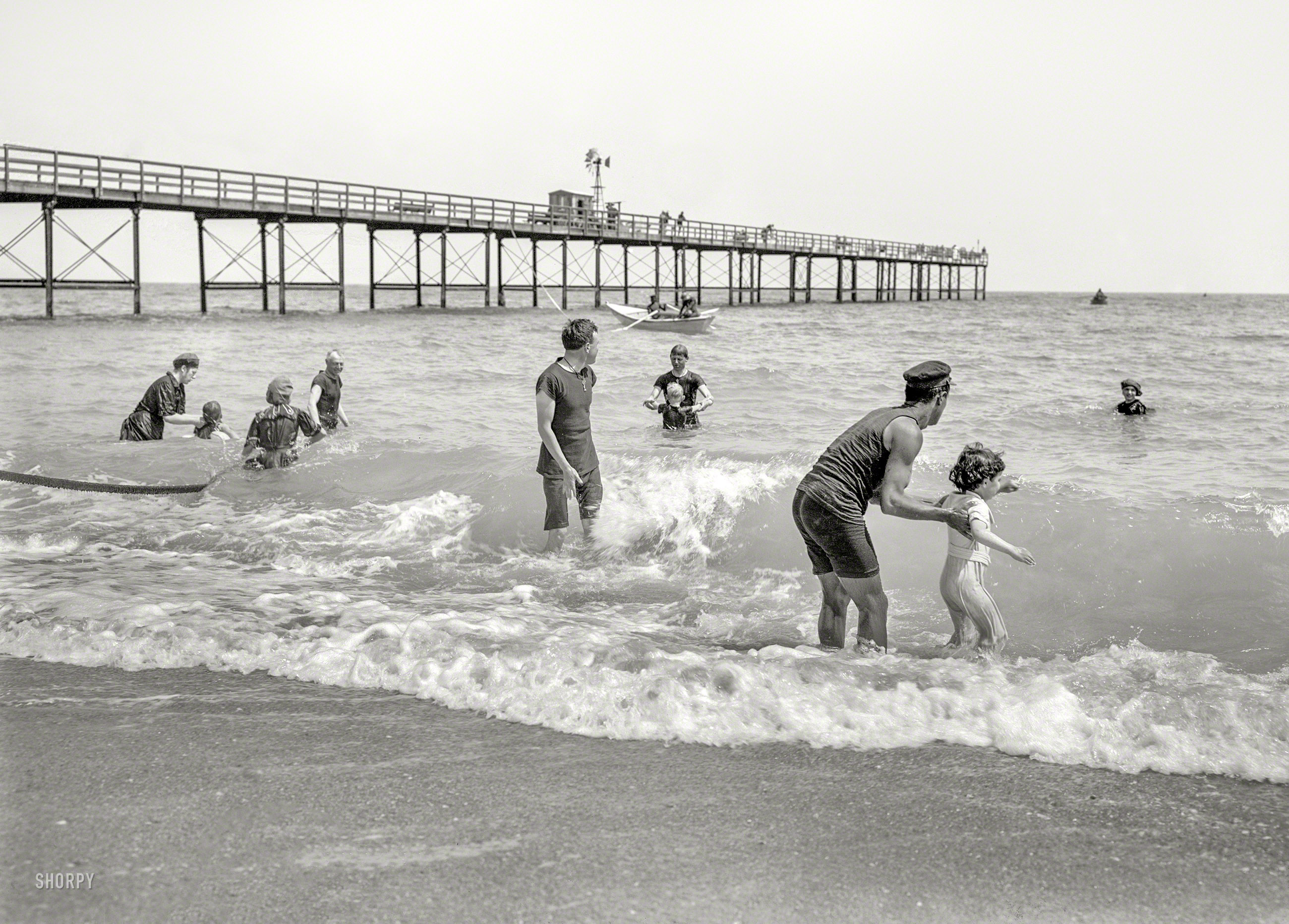 Florida circa 1905. "Surf bathing at Palm Beach." No ocean was ever a prettier shade of gray. 8x10 glass negative, Detroit Publishing Company. View full size.