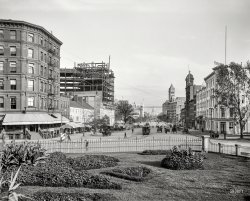 November 1900. Washington, D.C. "Pennsylvania Avenue from Treasury building." Landmarks on view include the U.S. Capitol as well as the Post Office building now bearing the name of Trump International Hotel. At right, Chase's "Polite Vaudeville" Theater in the former Grand Opera House. View full size.