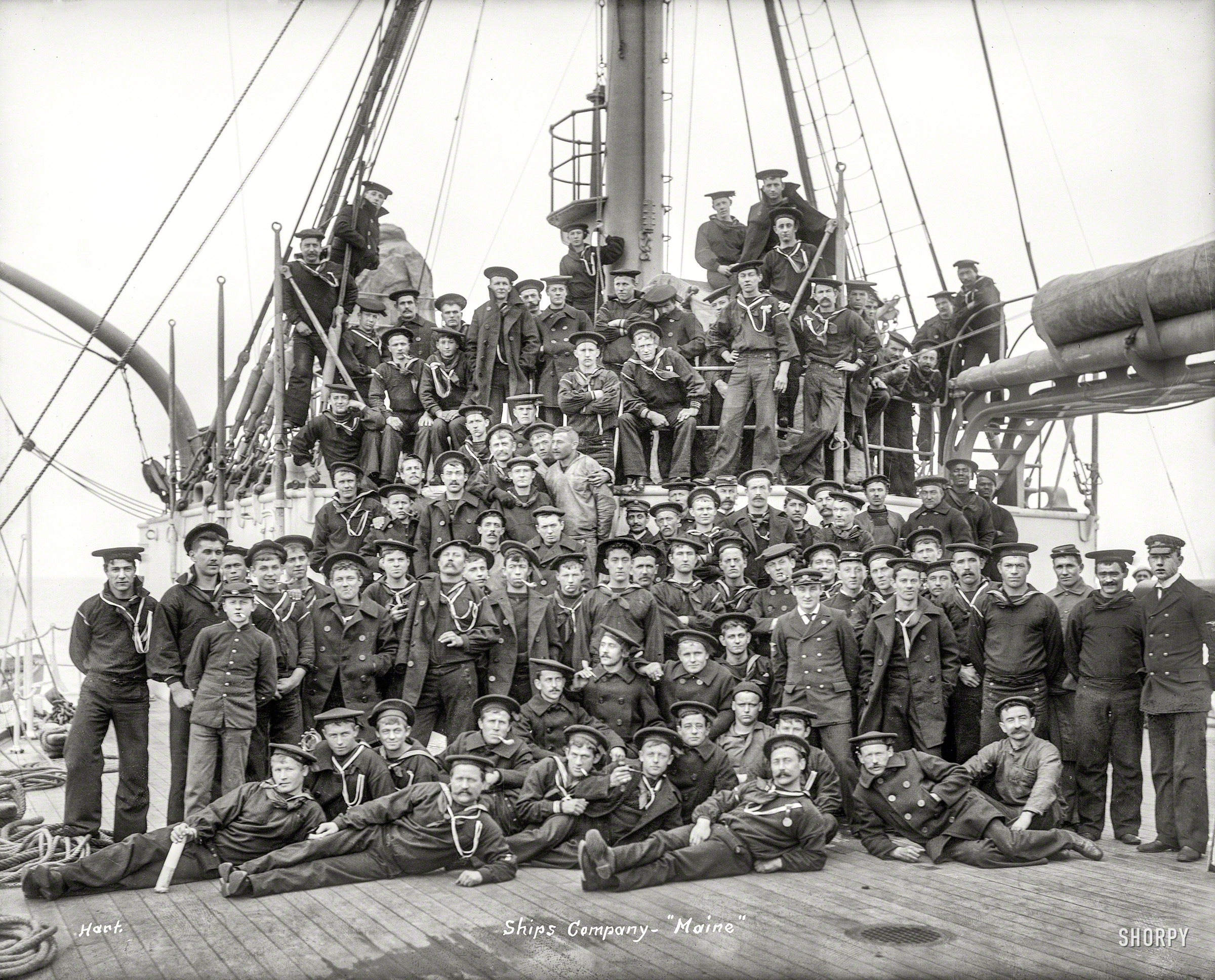 Circa 1896. "Ship's company, U.S.S. Maine." Two years before the battleship blew up and sank in Havana Harbor, killing most of the crew and precipitating the Spanish-American War. 8x10 glass negative by Edward H. Hart. View full size.