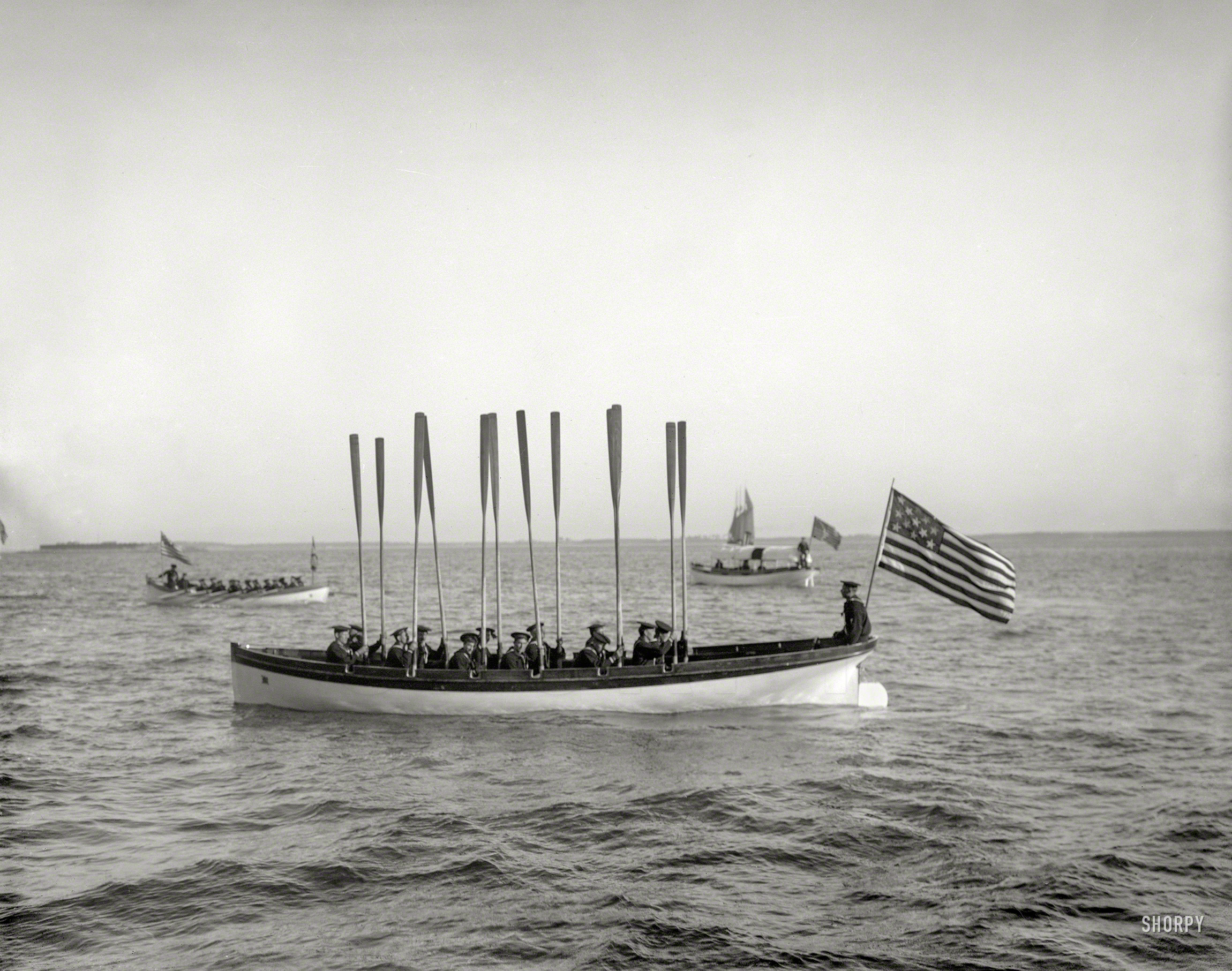 Drill No. 1: "The Difference Between Oars and Sails."
1899. "Boat drill -- U.S.S. New York." 8x10 inch dry plate glass negative by Edward H. Hart, Detroit Photographic Company. View full size.