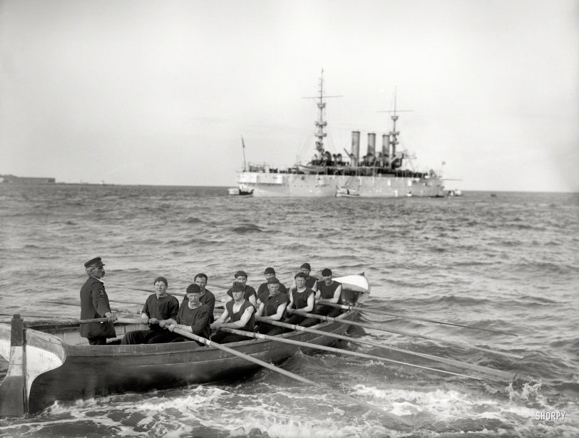 &nbsp; &nbsp; &nbsp; &nbsp; "Pull, oarsmen, pull!"
1899. "A boat crew -- U.S.S. New York." 8x10 inch dry plate glass negative by Edward H. Hart, Detroit Photographic Company. View full size.
