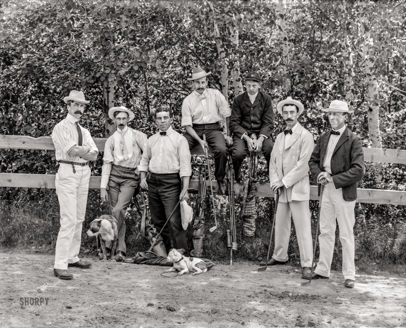 Circa 1900. "Golf club, White Mountain House, New Hampshire." The players and pooches last seen here. 8x10 inch glass negative, Detroit Photographic Company. View full size.