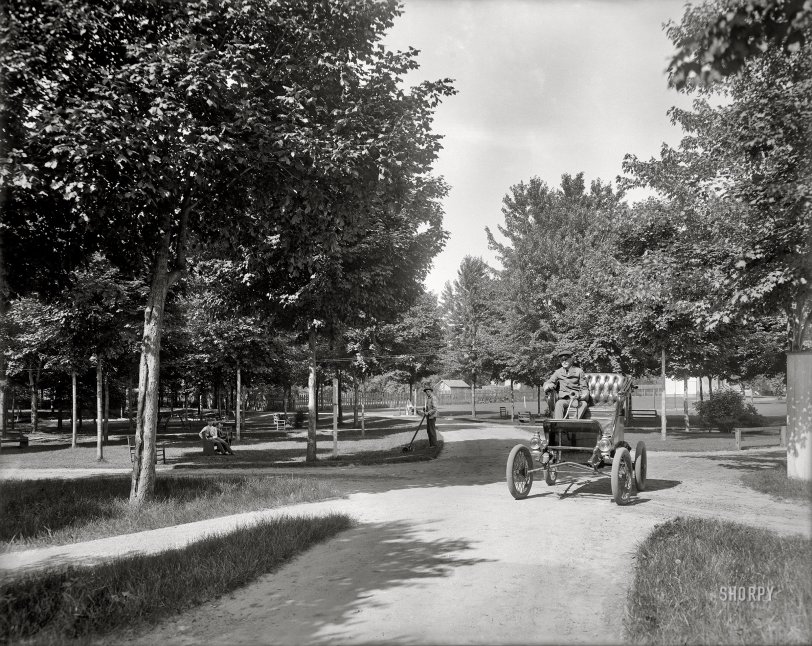 Circa 1902. "Entrance, Sanitarium Park, Alma, Michigan." Baseball boys, a nursemaid, Mr. F. Krueger, an electric (?) runabout! 8x10 glass negative, Detroit Photographic Co. View full size.
