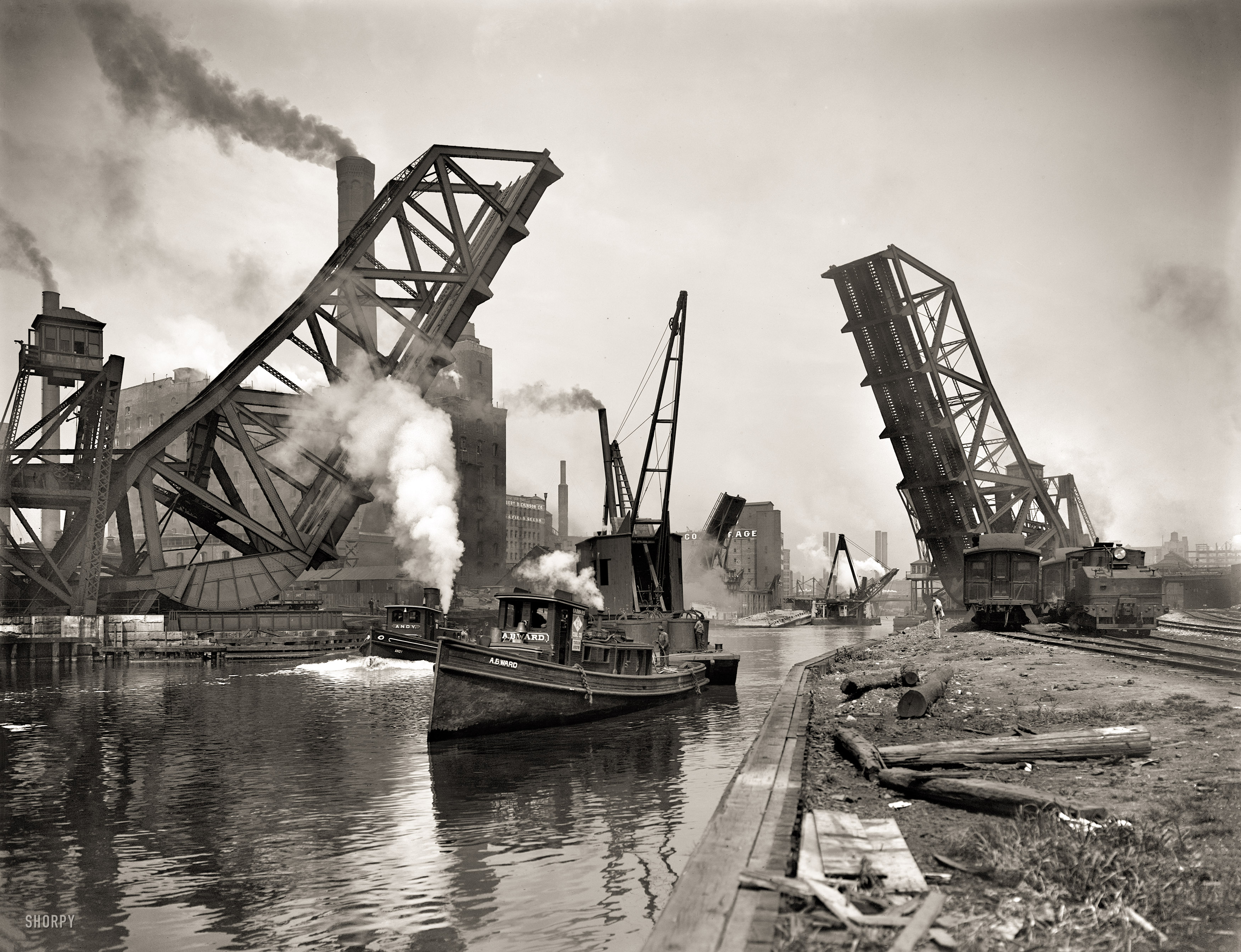 Chicago circa 1900. "12th Street bascule bridge." Andy about to overtake A.B. Ward on the Chicago River. 8x10 inch dry plate glass negative. View full size.