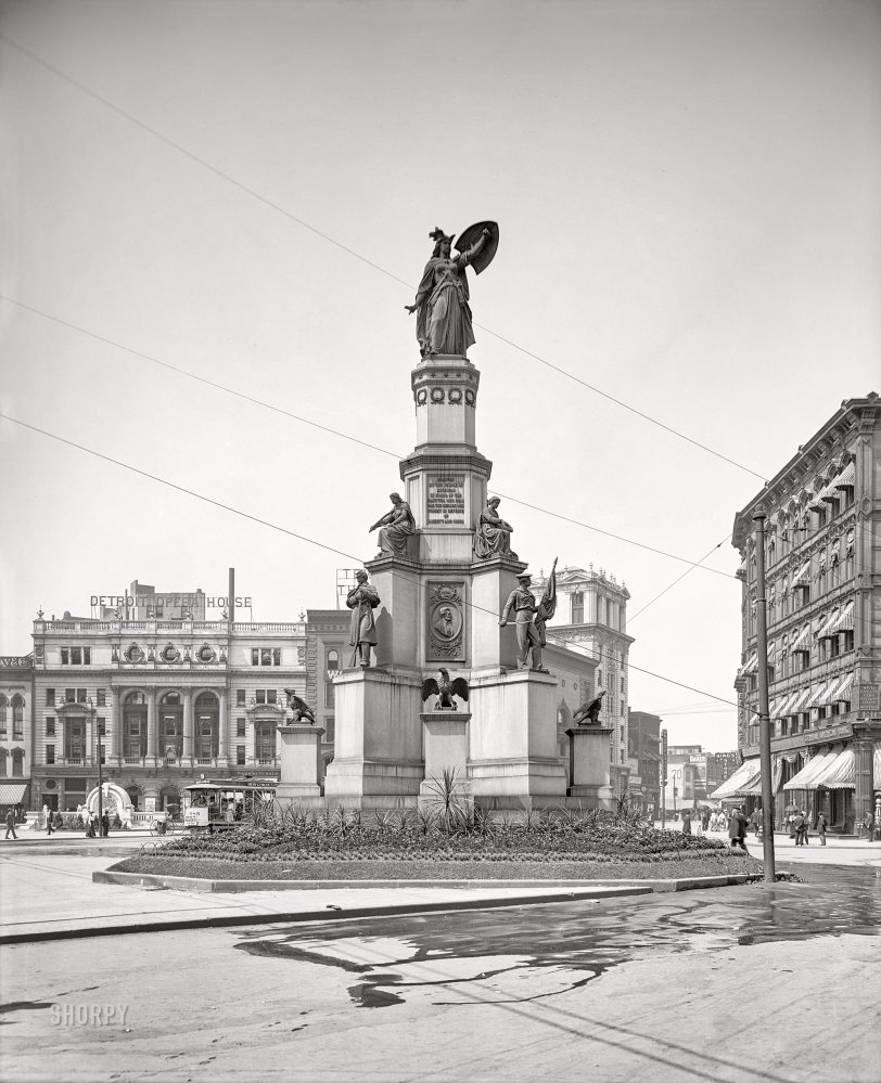 ERECTED BY THE PEOPLE OF MICHIGAN IN HONOR OF
THE MARTYRS WHO FELL AND THE HEROES WHO FOUGHT
IN DEFENCE OF LIBERTY AND UNION
Detroit circa 1905. "Campus Martius -- Soldiers' and Sailors' Monument and Detroit Opera House." 8x10 inch dry plate glass negative, Detroit Publishing Company. View full size.
