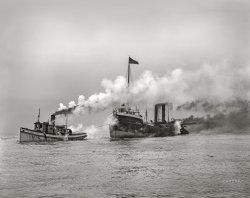 "A tow entering the St. Clair Ship Canal," circa 1905. The Hackett Line tug Home Rule, built in 1890, wrecked in 1924; and the bulk freighter Massachusetts, built in 1882 and wrecked on the St. Lawrence, 1923. At the rear: the tug Frank W. 8x10 inch glass negative. View full size.