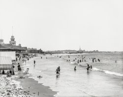 Circa 1910. "Bathing beach, Narragansett Pier, Rhode Island." 8x10 inch dry plate glass negative, Detroit Publishing Company. View full size.