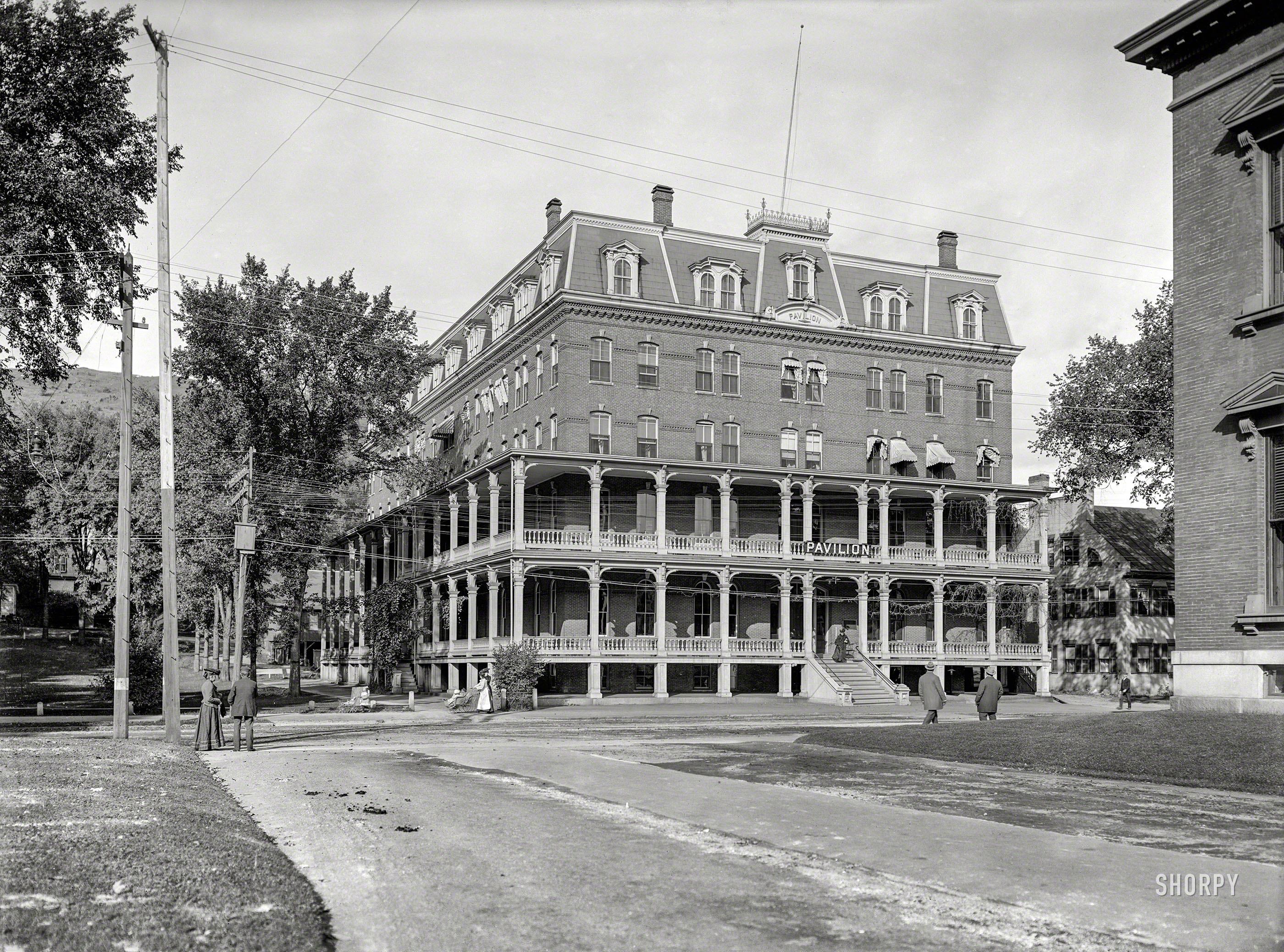 &nbsp; &nbsp; &nbsp; &nbsp; Principal workplace of the Governor of Vermont since 1971, the Second Empire style Pavilion is located at 109 State Street.
Montpelier, Vermont, circa 1904. "Pavilion Hotel." 8x10 inch dry plate glass negative, Detroit Photographic Company. View full size.