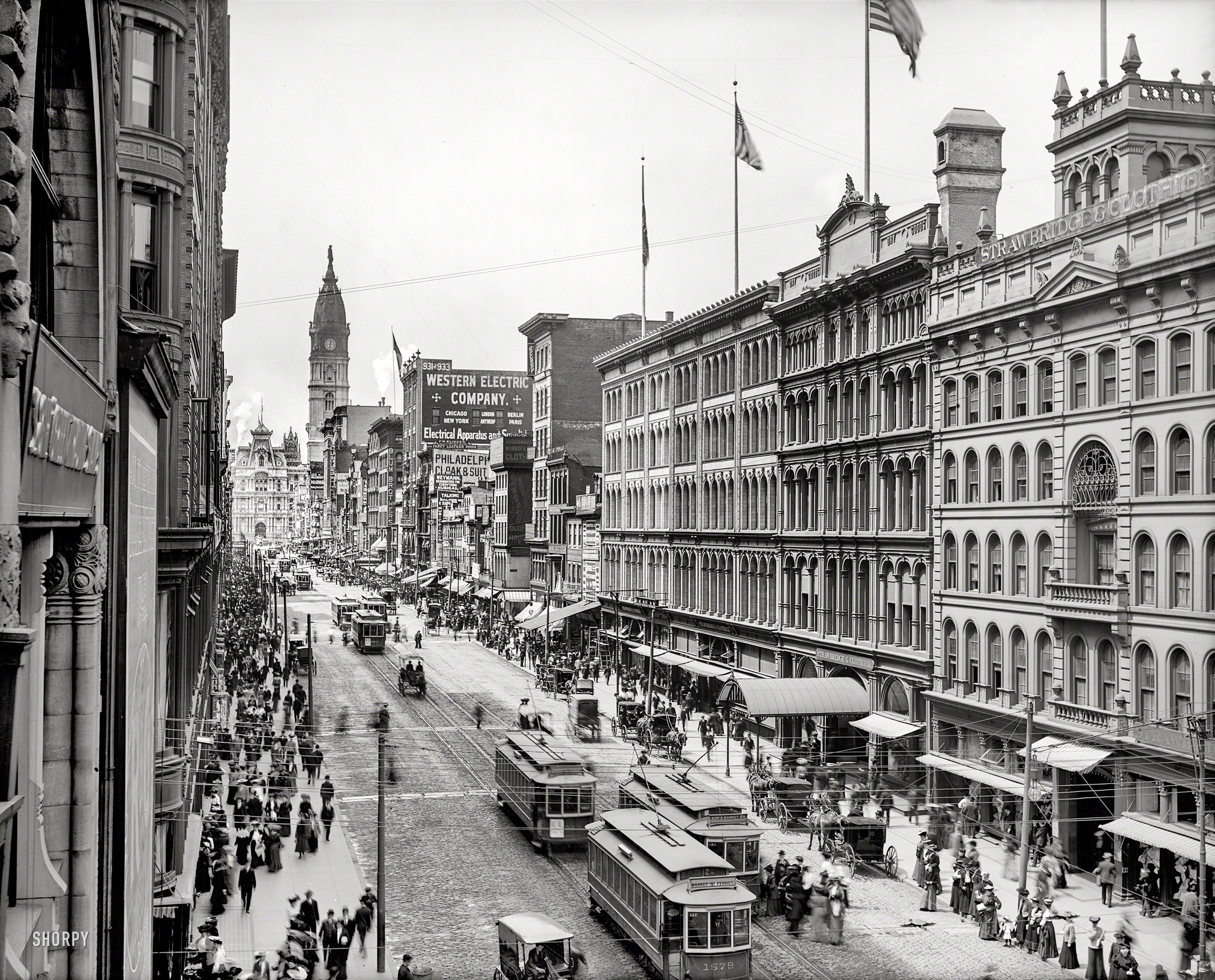 Philadelphia circa 1904. "Market Street and City Hall from Eighth." From an 8x10 glass plate exposed about a minute after this one was taken. View full size.