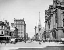 Philadelphia circa 1904. "Broad Street. Masonic Temple and Arch Street Methodist Church, north from City Hall." Notable signage includes Wilson Whiskey's two-word slogan as well as the starburst down the street advertising AUTOS. 8x10 inch dry plate glass negative, Detroit Publishing Company. View full size.