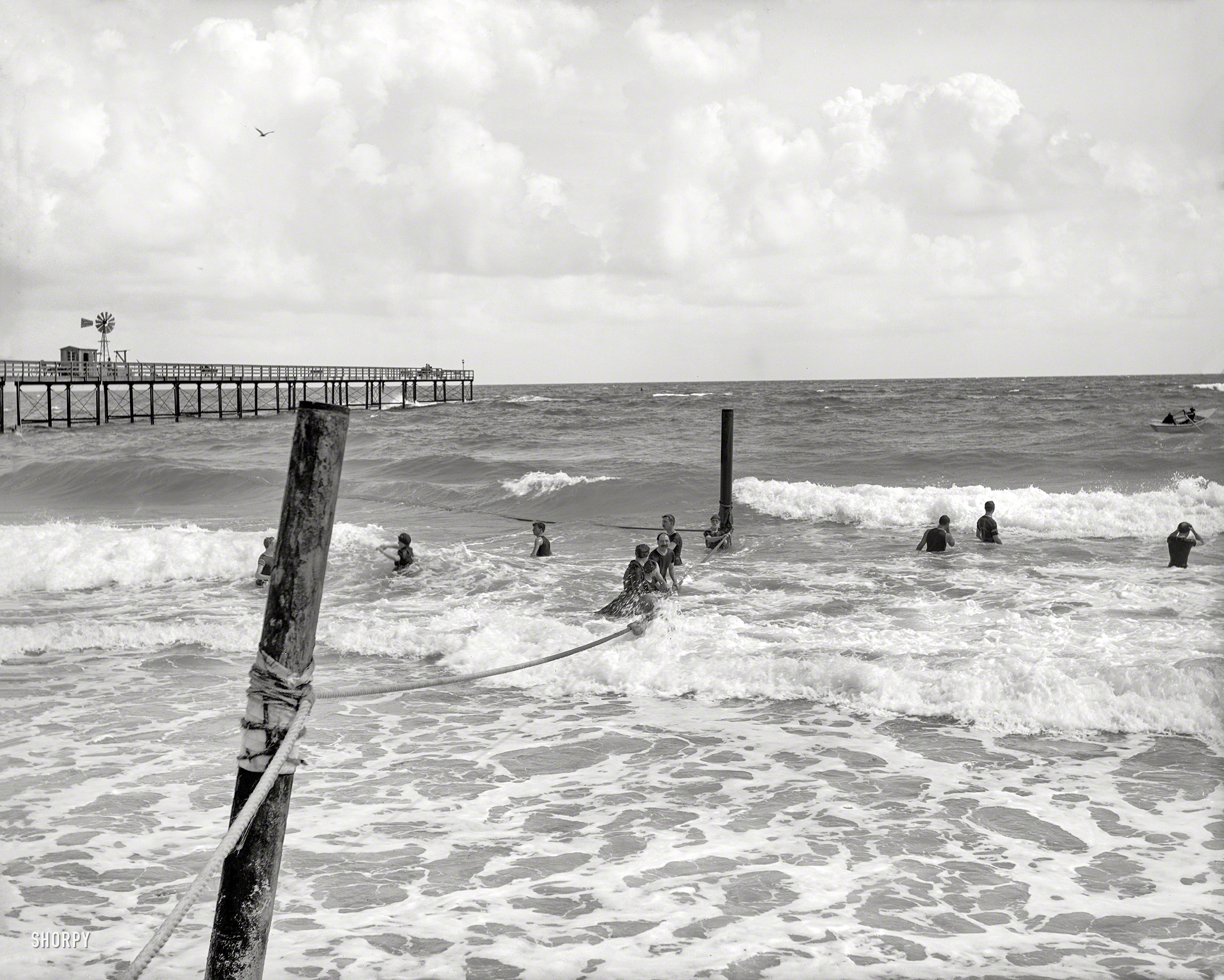 Florida circa 1904. "Surf bathing at Palm Beach." 8x10 inch dry plate glass negative, Detroit Publishing Company. View full size.