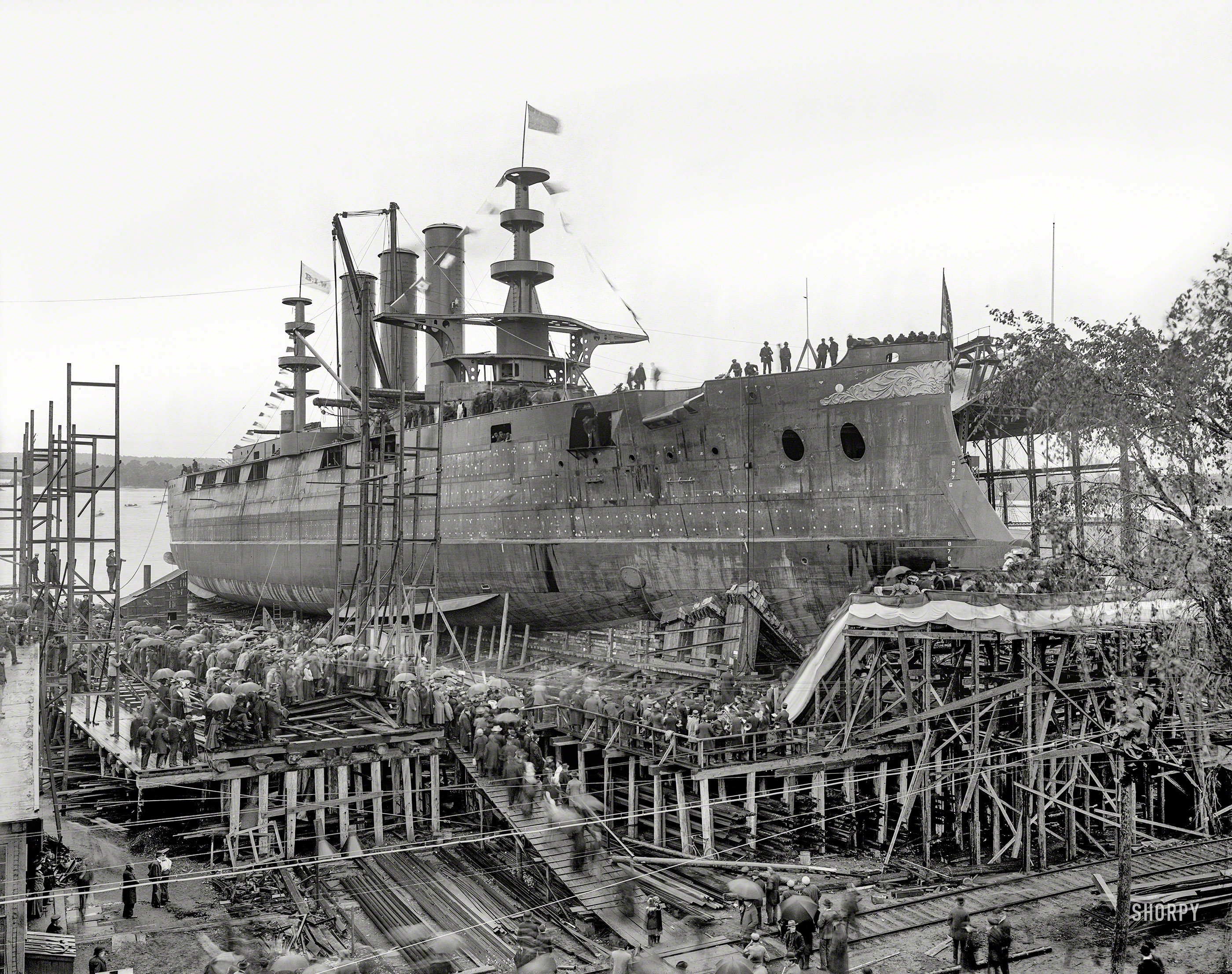 October 11, 1904. Bath, Maine. "Bath Iron Works -- launch of the battleship U.S.S. Georgia." 8x10 glass negative, Detroit Photographic Company. View full size.