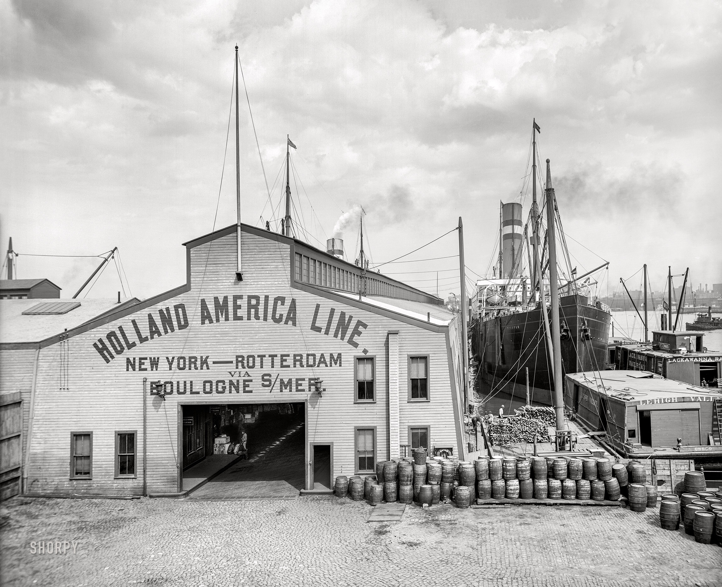 Hoboken, New Jersey, circa 1905. "Entrance to Holland America Line piers." 8x10 inch dry plate glass negative, Detroit Photographic Company. View full size.