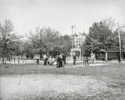 Circa 1905. "Golf -- College Arms Hotel, DeLand, Florida." Back before golf carts, there was the golf train. 8x10 inch dry plate glass negative, Detroit Photographic Company. View full size.