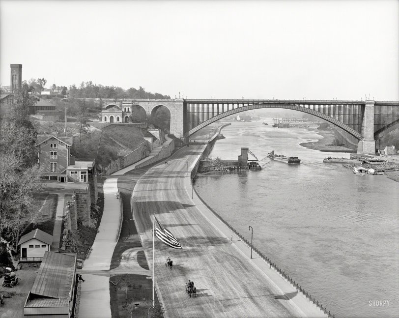 New York circa 1905. "Harlem River Speedway and Washington Bridge viewed from High Bridge." 8x10 inch dry plate glass negative. View full size.
