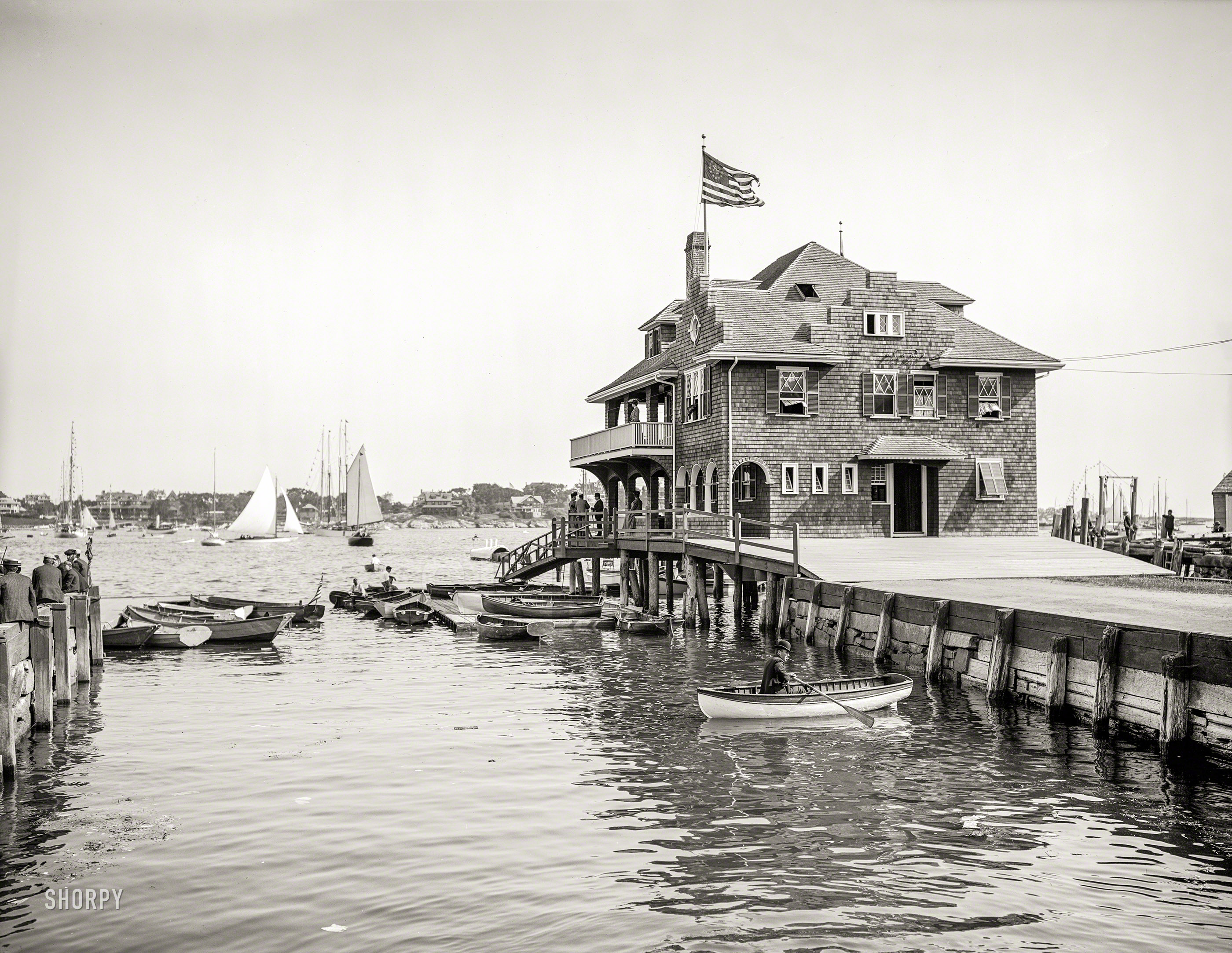 Circa 1906. "Boston Yacht Club -- Marblehead, Massachusetts." 8x10 inch dry plate glass negative, Detroit Publishing Company. View full size.