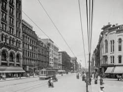 Detroit circa 1908. "Woodward Avenue looking north from Opera House corner." Our title is lifted from the streetcar. 8x10 inch glass negative. View full size.