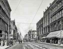 Kansas City, Missouri, circa 1908. "Main Street north from Twelfth." Much interesting signage here, addressing everything from rotten teeth to clogged bowels. 8x10 inch glass negative, Detroit Publishing Co. View full size.