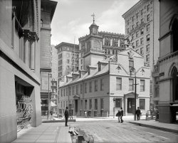 Boston circa 1906. "Old State House front from Court Street." 8x10 inch dry plate glass negative, Detroit Publishing Company. View full size.