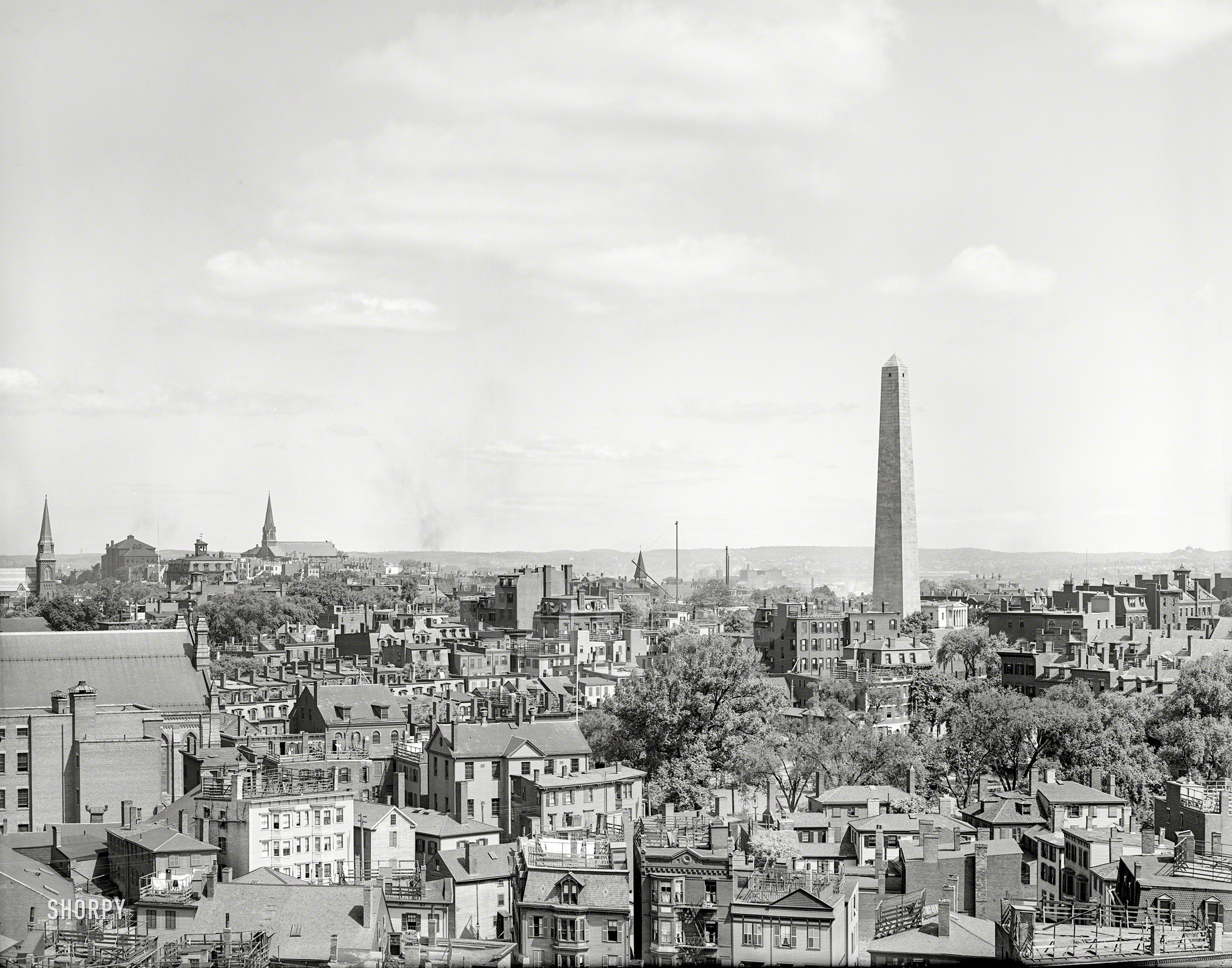 Circa 1890s Boston, Massachusetts. "Birdseye view of Charlestown & Bunker Hill Monument." Note the number and variety of fenced "roof yards." 8x10 inch glass negative, Detroit Photographic Company. View full size.