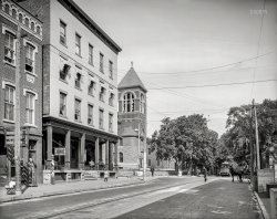 1906. "Margaret Street north from Cumberland Hotel, Plattsburgh, N.Y." 8x10 inch dry plate glass negative, Detroit Publishing Company. View full size.