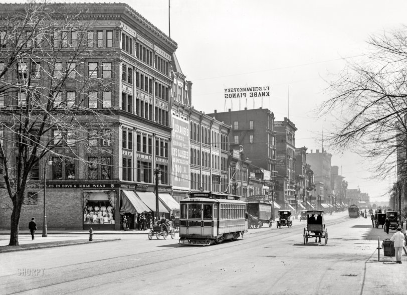 Detroit, Michigan, circa 1907. "Woodward Avenue at Witherell Street, looking south." 8x10 inch dry plate glass negative, Detroit Publishing Company. View full size.