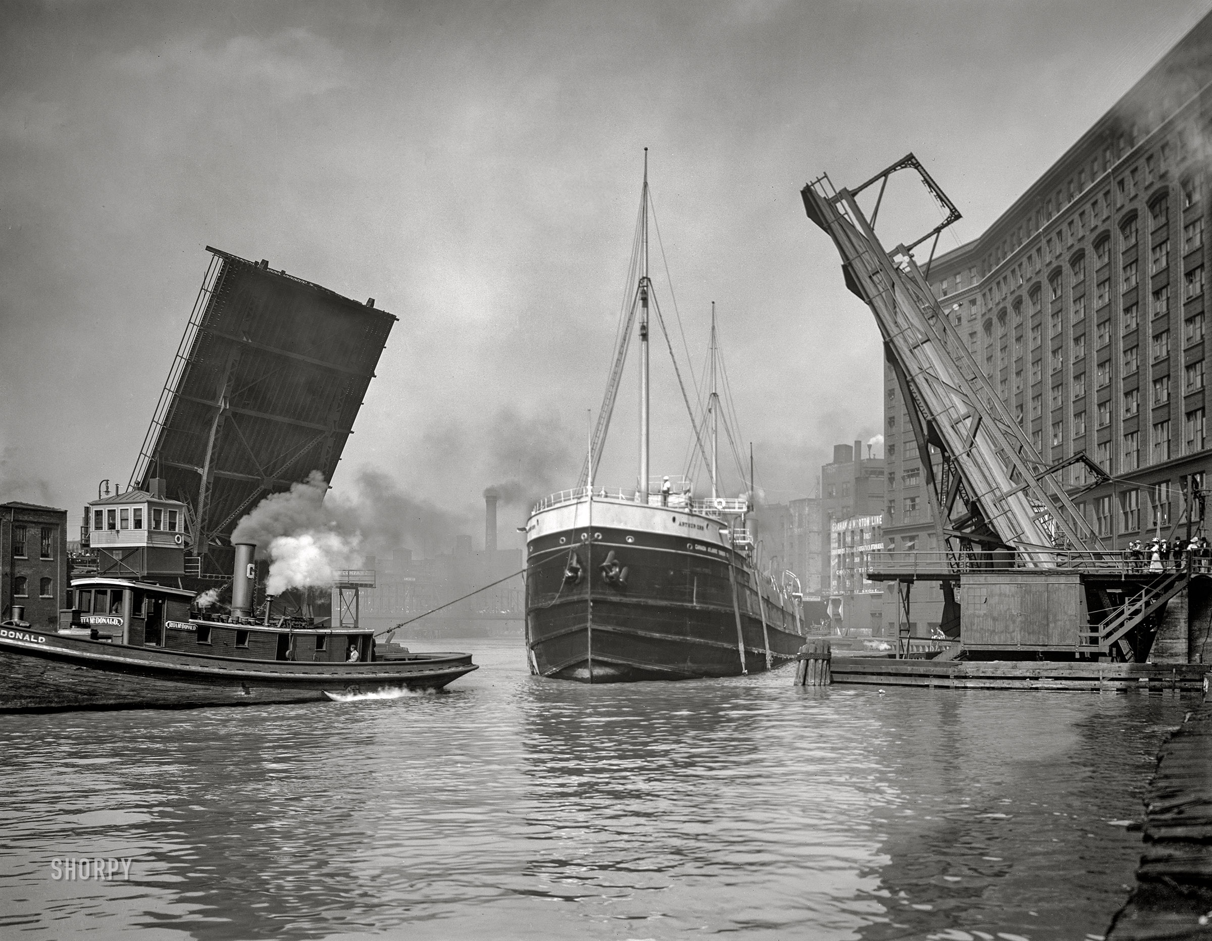 The Chicago River circa 1907. "Canada Atlantic Transit freighter Arthur Orr passing State Street Bridge." 8x10 inch glass negative by Hans Behm, Detroit Publishing Company. View full size.