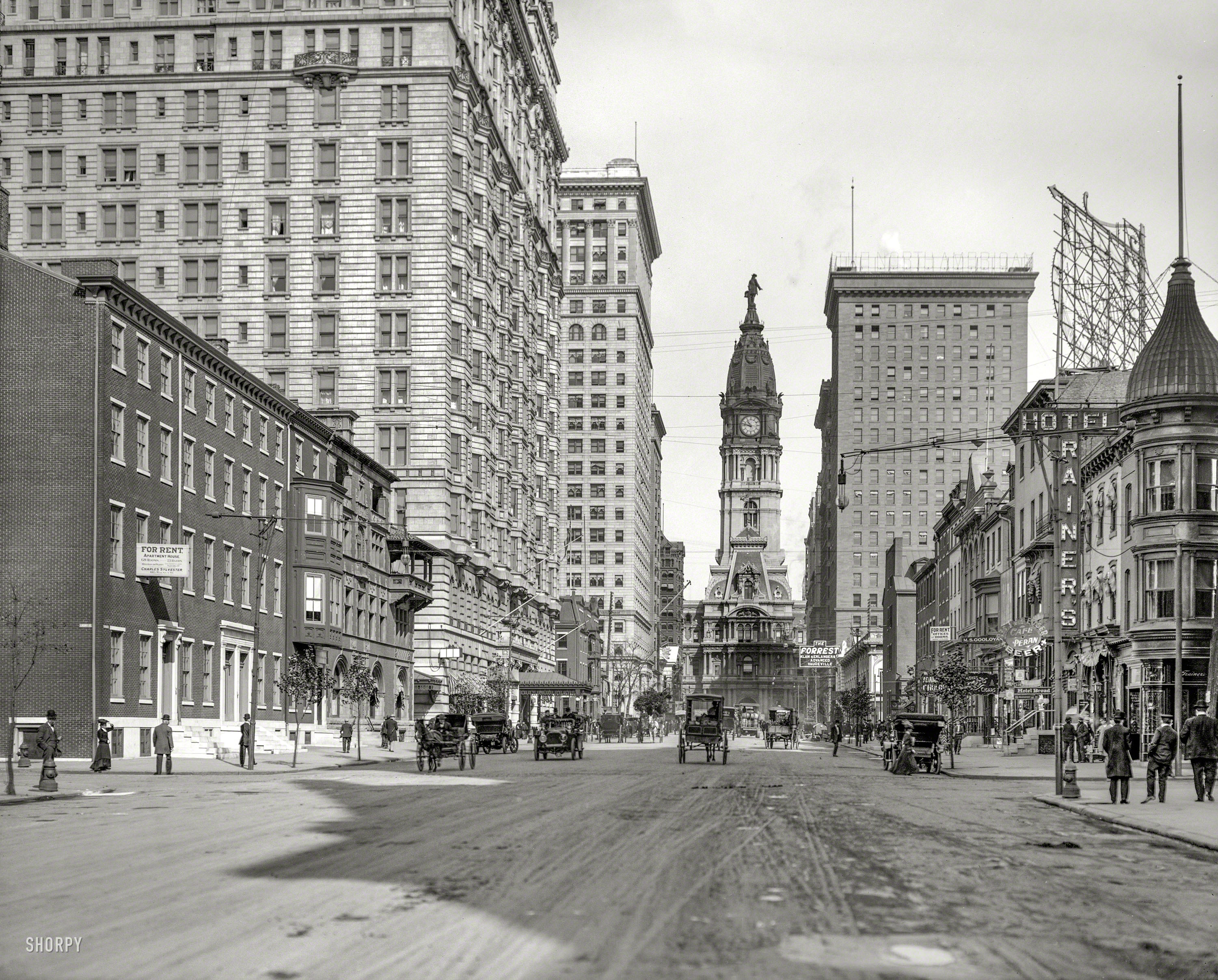 Philadelphia circa 1907. "Broad Street north from Locust with view of City Hall." 8x10 inch glass negative, Detroit Publishing Company. View full size.
