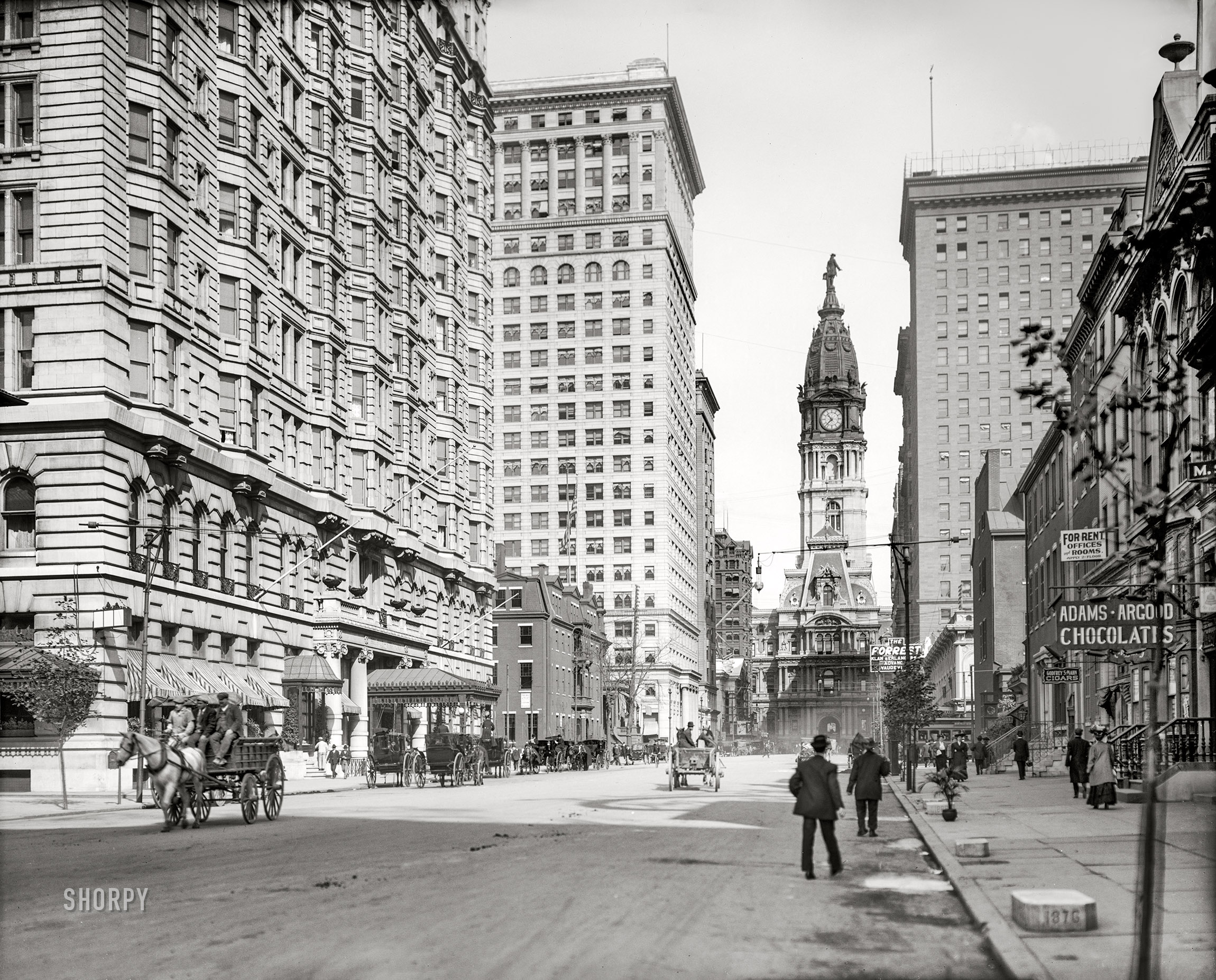 Philadelphia circa 1907. "Broad Street north from Locust." With views of the Bellevue-Stratford Hotel, Land Title Trust Building and City Hall. 8x10 inch glass negative. View full size.