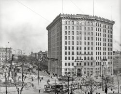 Detroit circa 1907. "Cadillac Square -- Soldiers' and Sailors' Monument and Hotel Pontchartrain." Two perennial Detroit Publishing favorites. View full size.