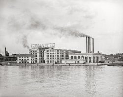 The Detroit River circa 1908. "Morgan & Wright Rubber Works." The enterprise last glimpsed here. 8x10 inch dry plate glass negative, Detroit Publishing Company. View full size.