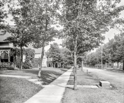 Marquette, Michigan, circa 1908. "Ridge Street." A representative residential thoroughfare from the days of hitching posts and mounting blocks. 8x10 glass negative. View full size.