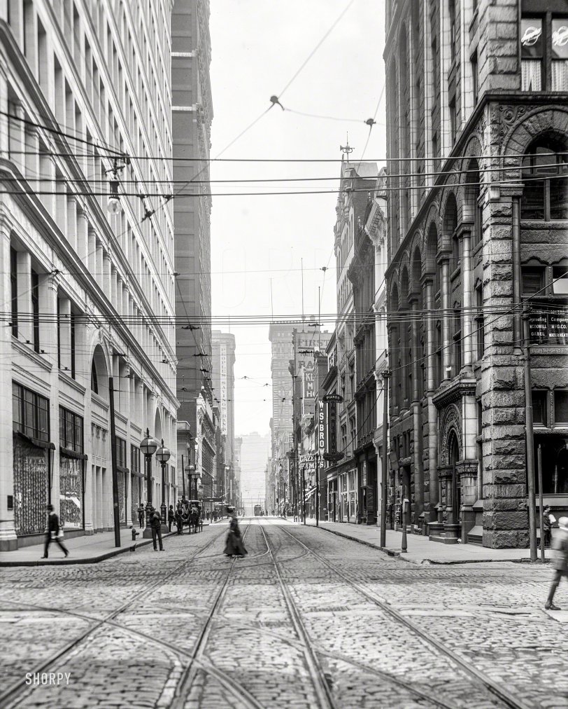 Circa 1908. "Wood Street, Pittsburgh, Pennsylvania." A good look at the street-rail infrastructure in place 100 years ago. 8x10 inch glass negative. View full size.
