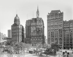 New York circa 1905. "Newspaper Row -- City Hall Park." Headliners include the Tribune, Times and domed New York World (Pulitzer) buildings. 8x10 inch glass negative. View full size.