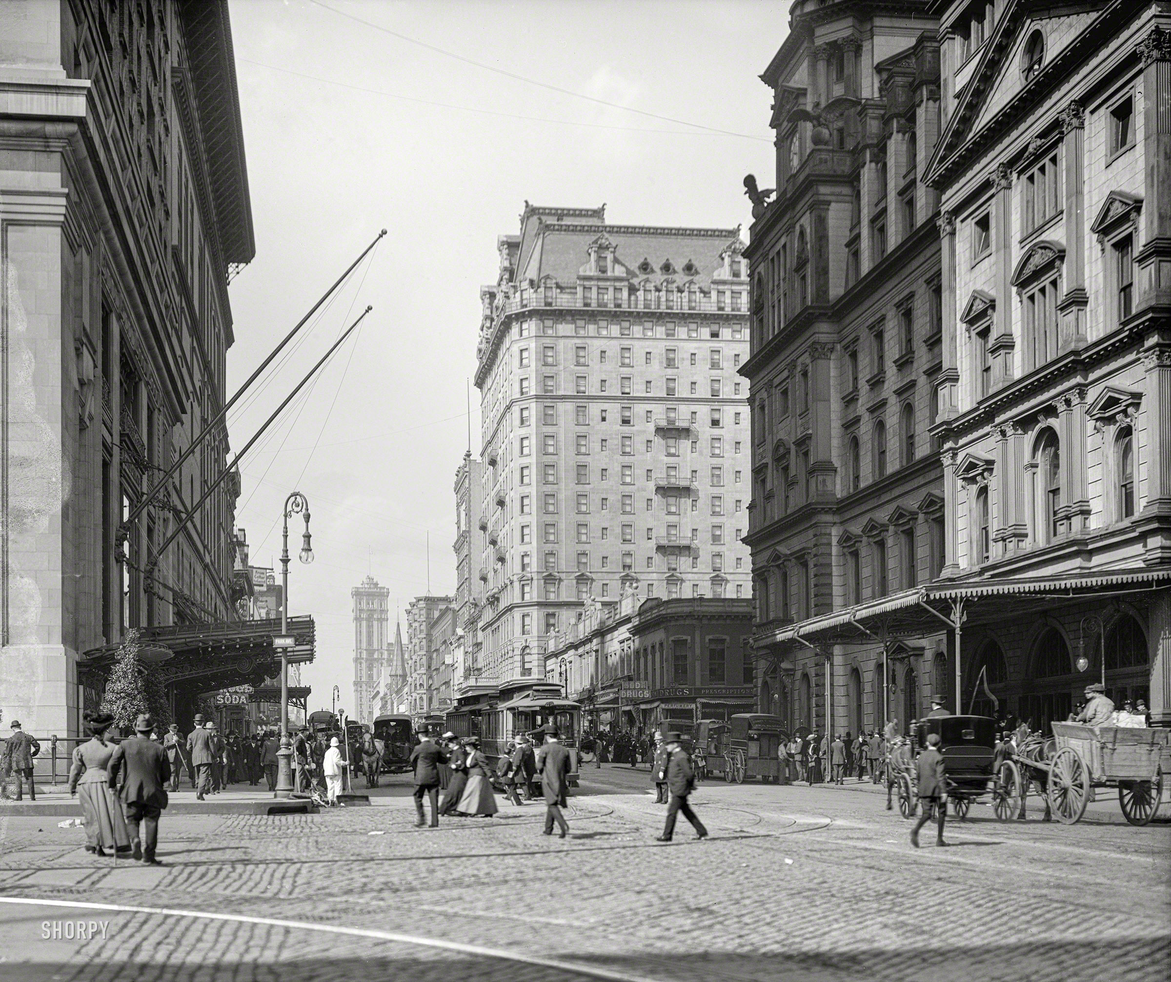 New York circa 1906. "42nd Street at Park Avenue, looking west." With Grand Central Station at right and the Hotel Manhattan center stage. 8x10 inch glass negative. View full size.