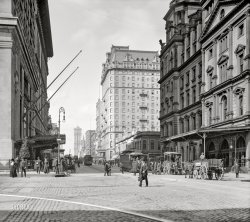 New York circa 1906. "42nd Street at Park Avenue, looking west." With the Hotel Belmont at left, Grand Central Station at right, the Hotel Manhattan center stage and New York Times building in the distance. A tableau last glimpsed here. 8x10 inch glass negative. View full size.