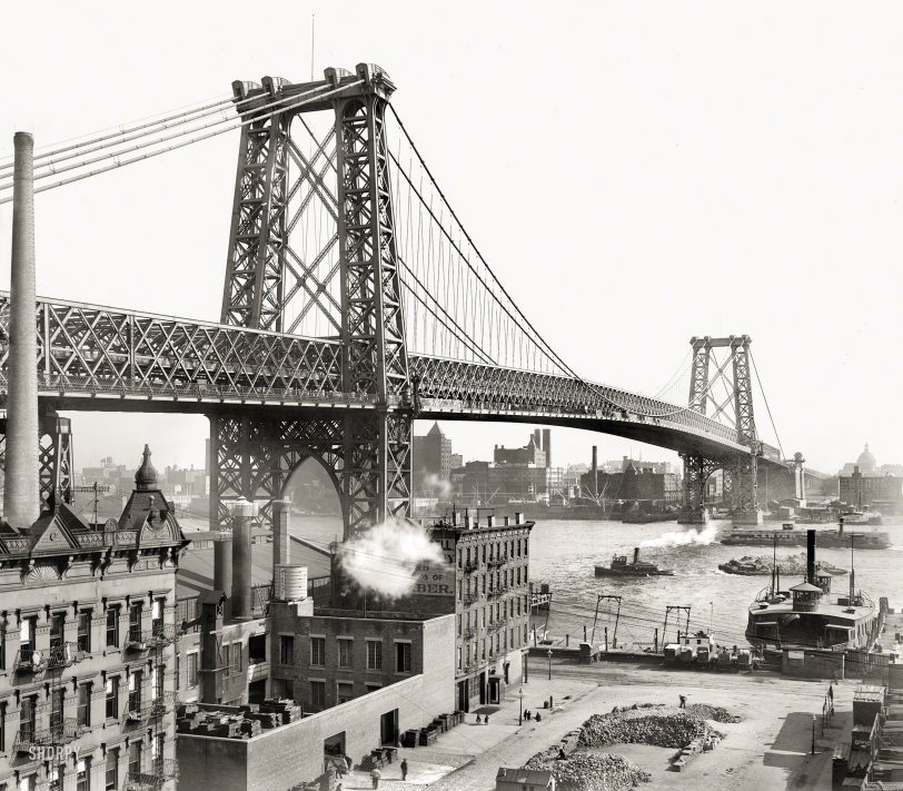 The East River circa 1905. "Williamsburg Bridge from Brooklyn." 8x10 inch dry plate glass negative, Detroit Publishing Company. View full size.
