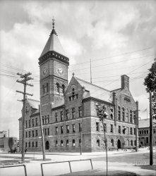 Lansing, Michigan, circa 1907. "City Hall." Where the time is I:XLIII, or XVII minutes to II. 8x10 inch dry plate glass negative, Detroit Publishing Company. View full size.