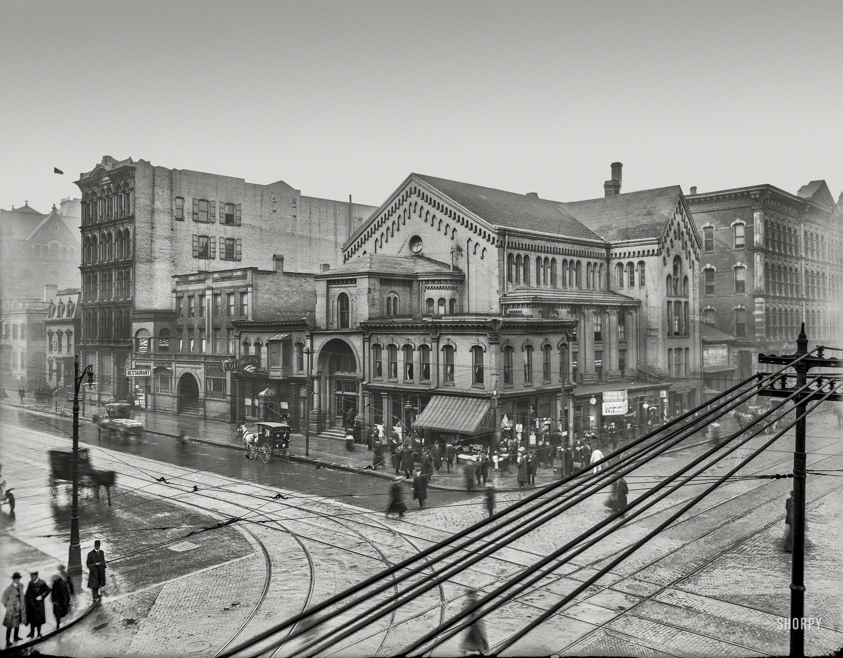Detroit circa 1908. "Walker Block, Griswold and Fort Sts." 8x10 inch dry plate glass negative, Detroit Publishing Company. View full size.