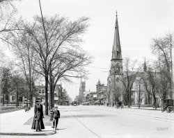Detroit circa 1908. "Woodward Avenue and Central Methodist Episcopal Church." 8x10 inch dry plate glass negative, Detroit Publishing Company. View full size.