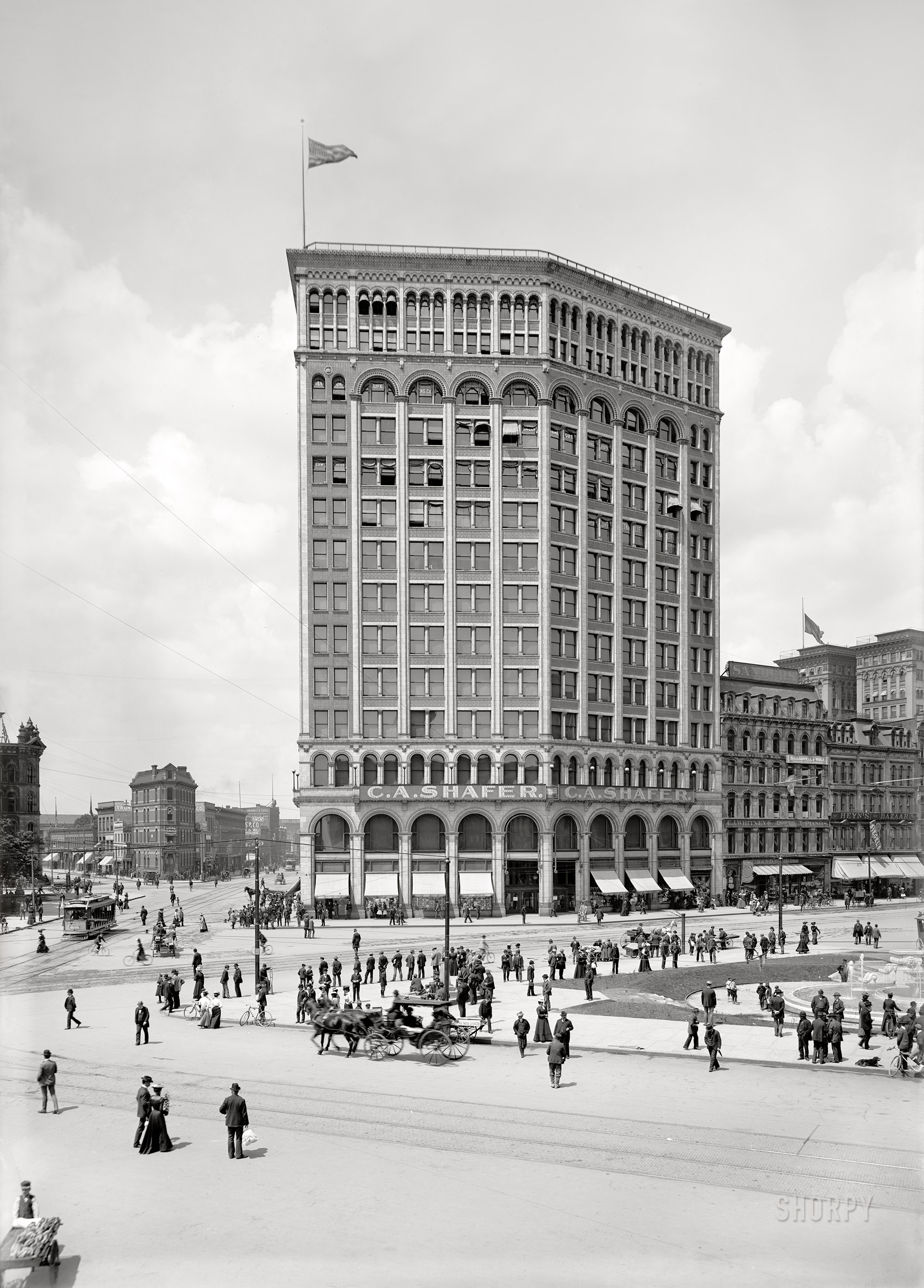 Detroit circa 1900. "Majestic Building and Campus Martius."  The Motor City, back when bicycles and horses filled the streets. 8x10 glass negative. View full size.