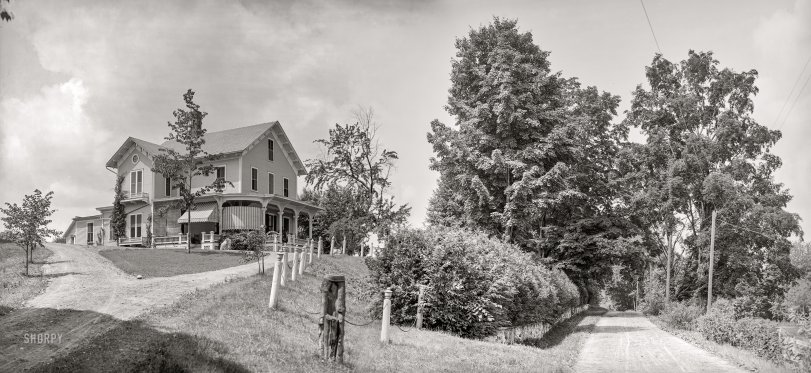 1904. Rutland, Vermont. "Dorr place (The Maples) &amp; Dorr Road. Residence of Mrs. Julia C.R. Dorr." Noted author and poet. Composite of two 8x10 inch glass negatives. View full size.
