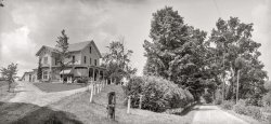1904. Rutland, Vermont. "Dorr place (The Maples) & Dorr Road. Residence of Mrs. Julia C.R. Dorr." Noted author and poet. Composite of two 8x10 inch glass negatives. View full size.