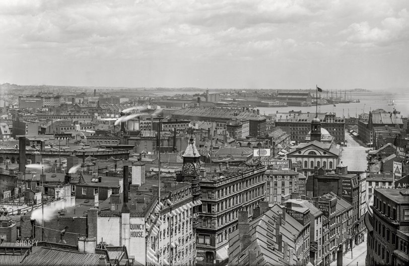 Boston circa 1906. "Quincy House and Faneuil Hall from Barrister's Hall, Boston University." 8x10 inch dry plate glass negative, Detroit Publishing Company. View full size.
