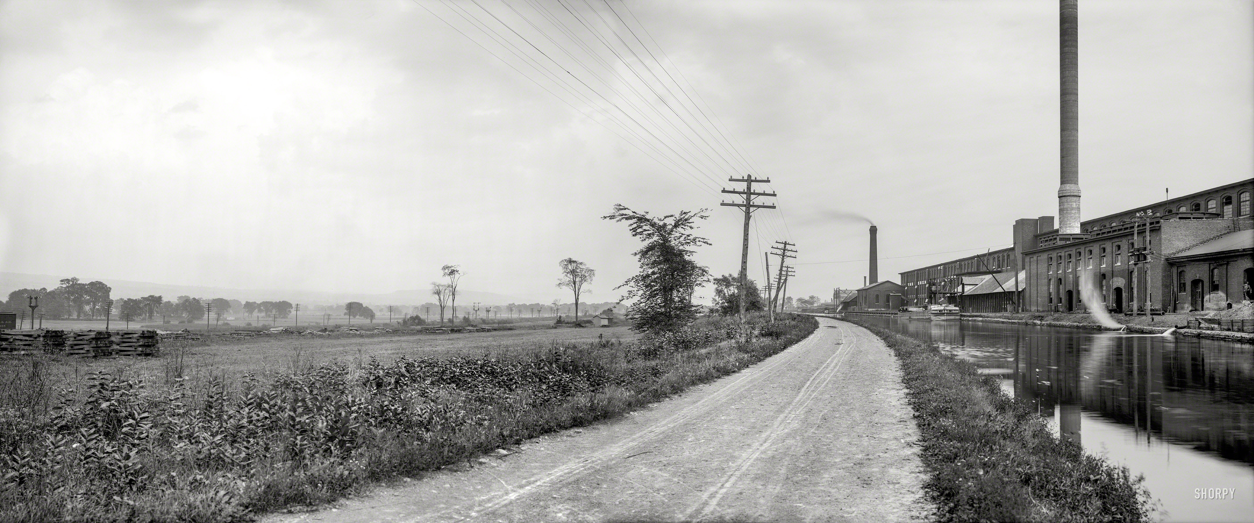 Circa 1905. "Erie Canal and Mohawk Valley, Utica, N.Y." Panorama of two 8x10 inch glass negatives, Detroit Publishing Company. View full size.