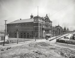 Pittsburgh circa 1902. "Exposition Hall." Probably during its reconstruction after a fire the previous year. 8x10 inch dry plate glass negative. View full size.