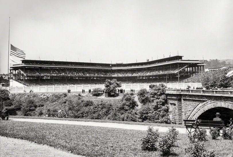 Circa 1910. "Forbes Field, Pittsburgh." A continuation of this image. 8x10 inch dry plate glass negative, Detroit Publishing Company. View full size.
