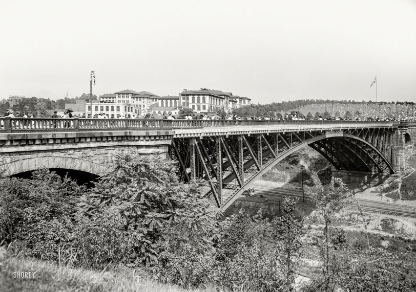 Pittsburgh circa 1910. "Schenley Park Bridge and the 'Tick' (Carnegie-Mellon University)." A continuation of this image. Note loop-the-loop in the park at right. 8x10 inch dry plate glass negative. View full size.
