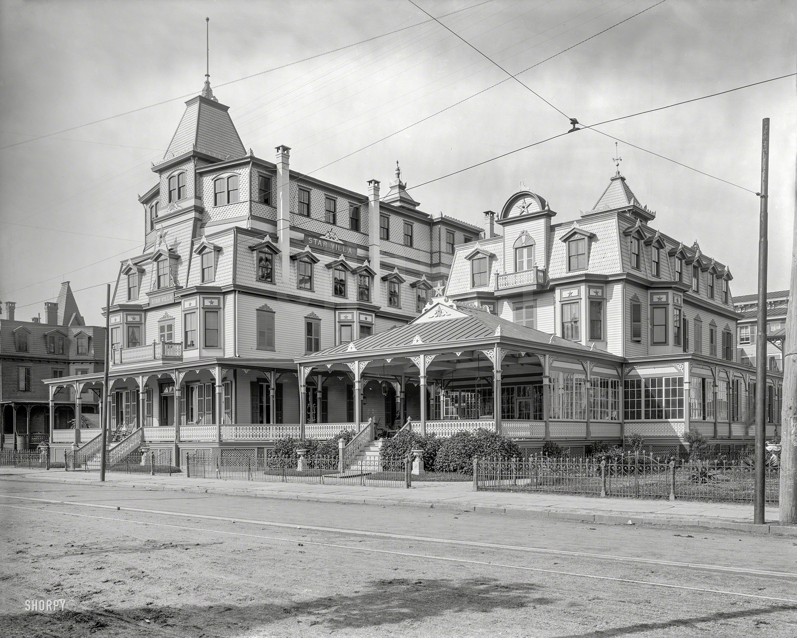 Circa 1900. "Star Villa, Cape May, N.J." Completed 1885; fourth floor added 1893; moved to current location in 1967. 8x10 glass negative. View full size.